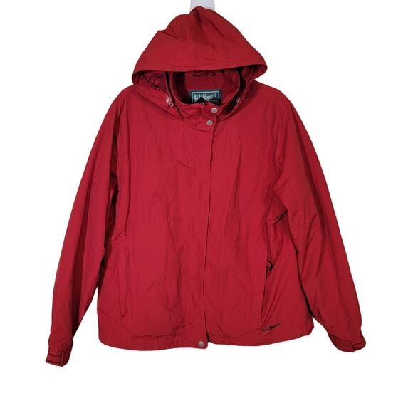 L.L. Bean Women Zip Up Windbreaker Hooded Jacket Long Sleeves Pockets Red Large - Picture 1 of 9